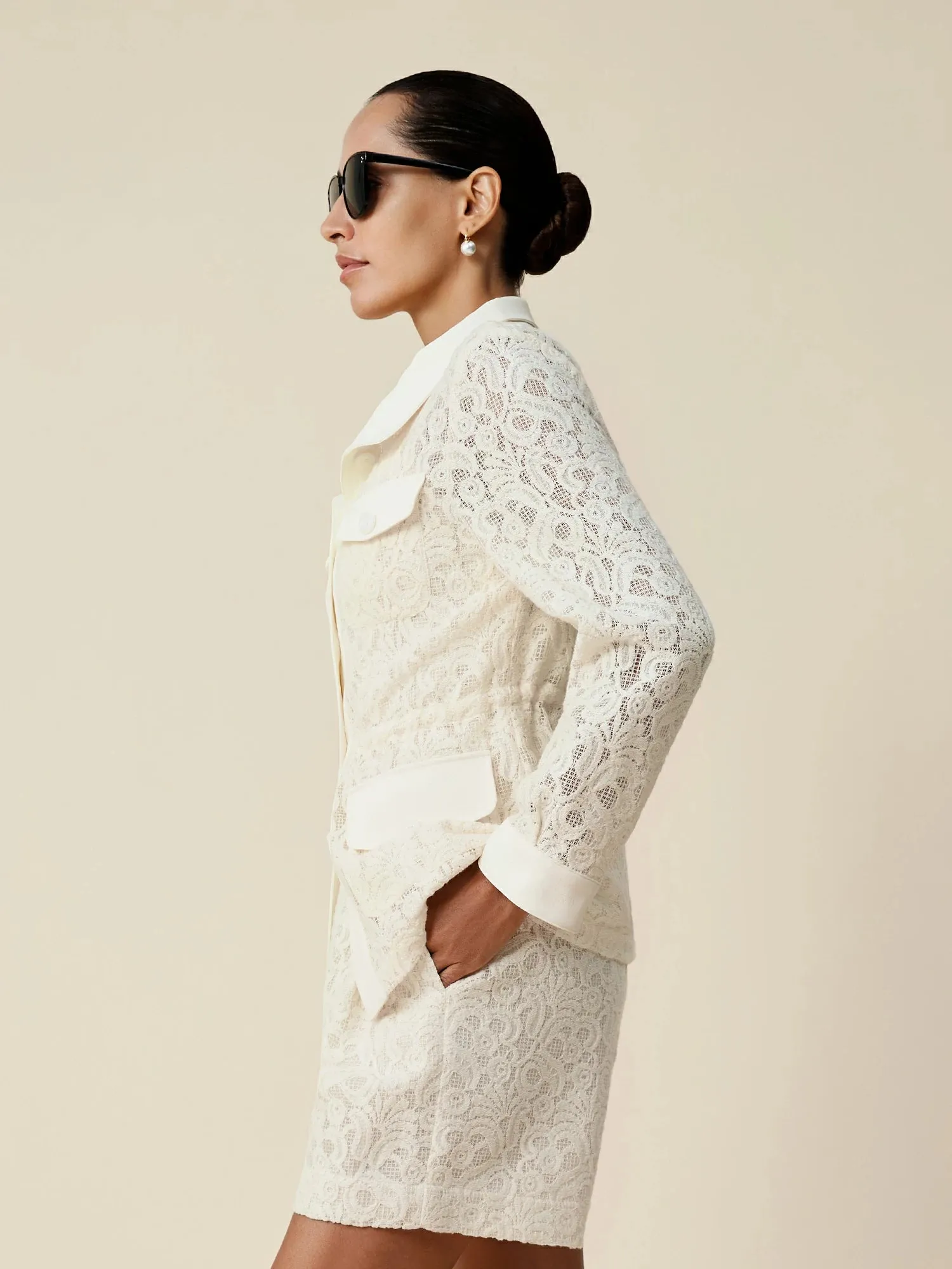 Amoretu 70% Cotton Long Sleeve Embossed Lace Shirt Jacket