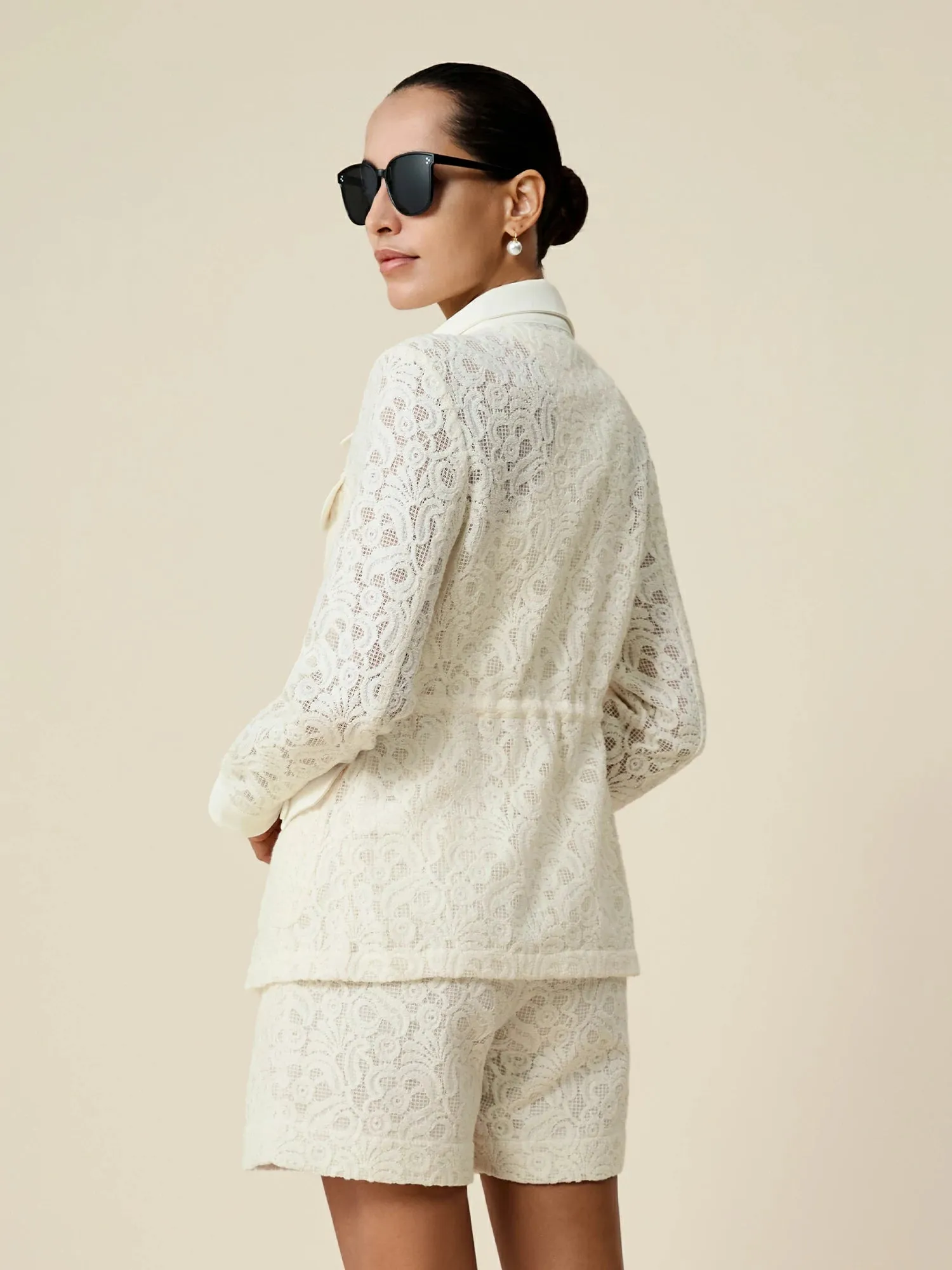 Amoretu 70% Cotton Long Sleeve Embossed Lace Shirt Jacket