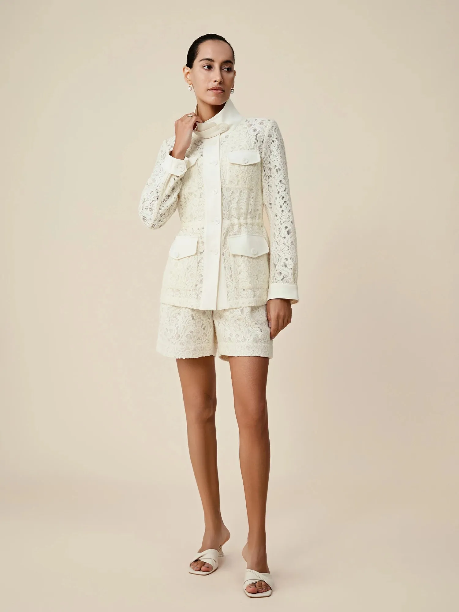 Amoretu 70% Cotton Long Sleeve Embossed Lace Shirt Jacket