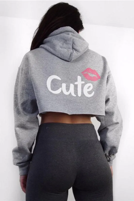 Back Letter Print Lip Drawstring Hooded Crop Top Short Hoodie