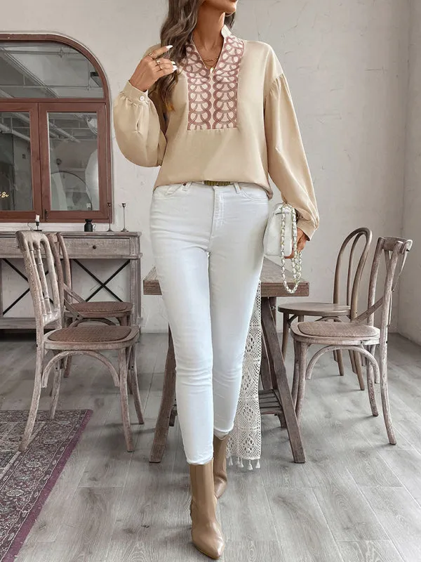 Beige Blouse with Print & Bishop Sleeves for Trendy Women