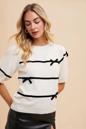 Black and White Striped Bow Knit Top