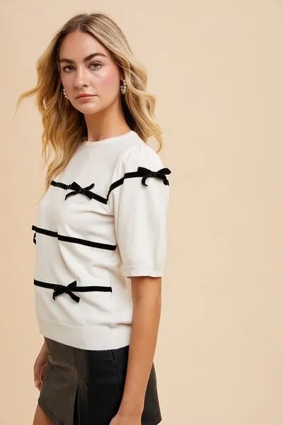 Black and White Striped Bow Knit Top