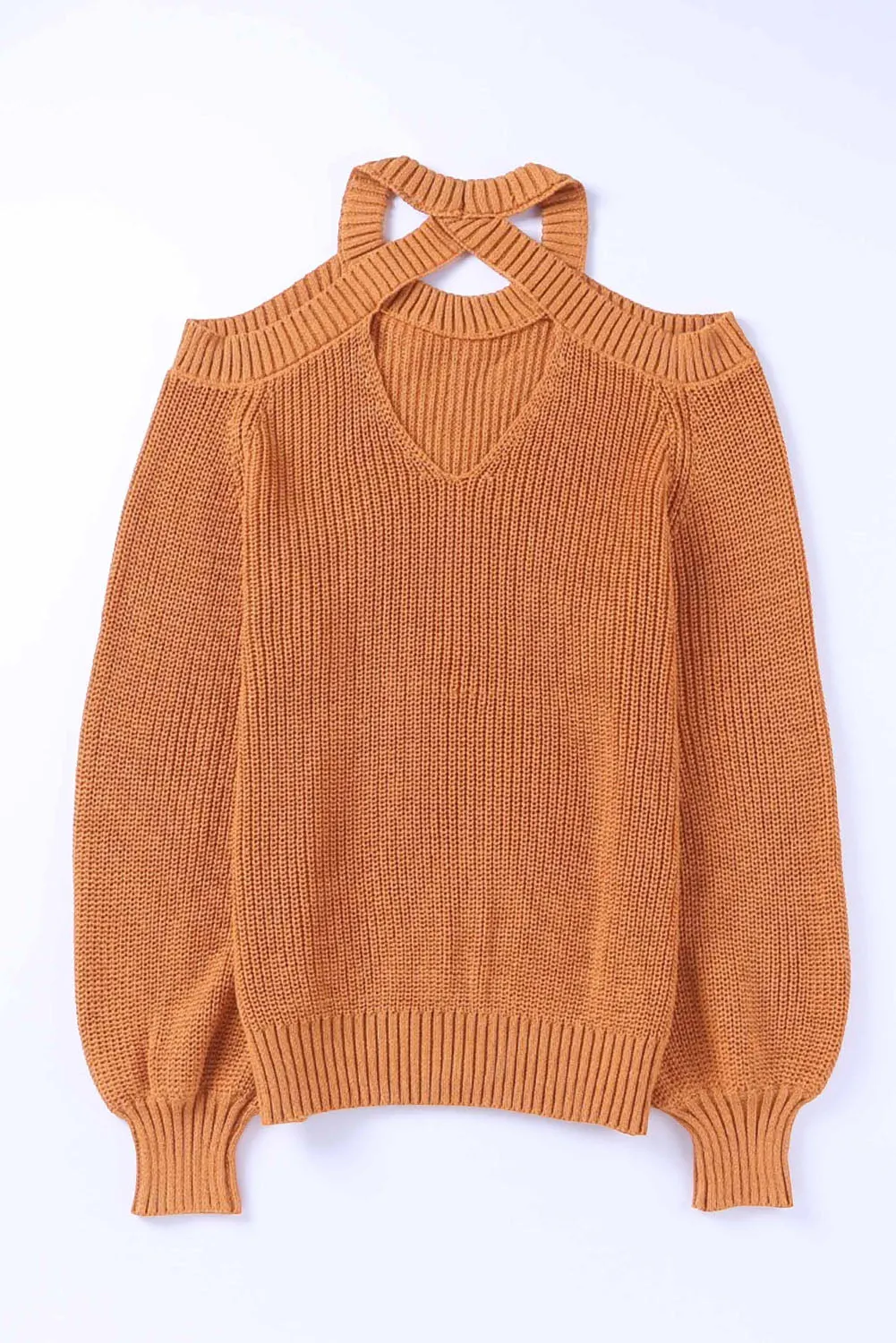 Brown Crew Neck Cold Shoulder Hollow-Out Back Sweater