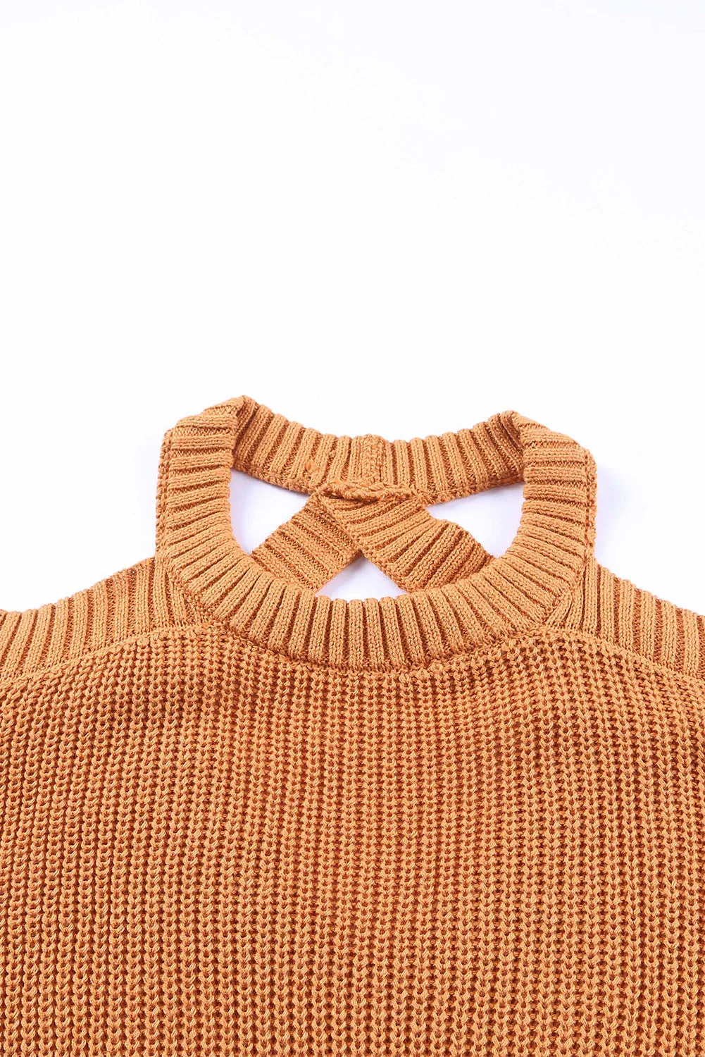 Brown Crew Neck Cold Shoulder Hollow-Out Back Sweater