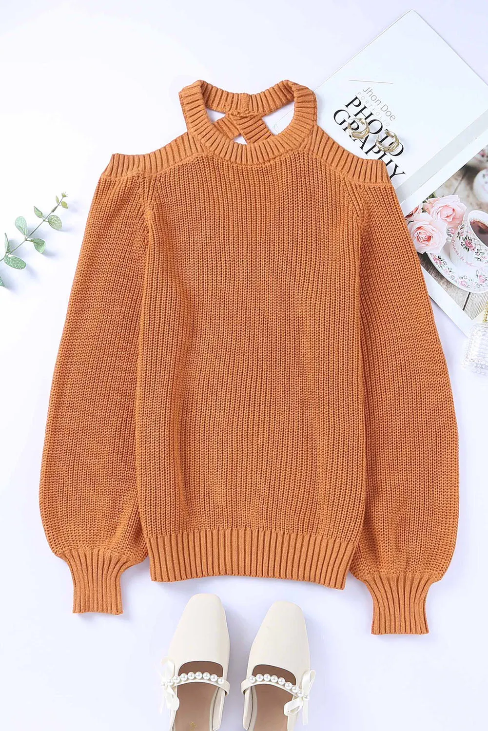 Brown Crew Neck Cold Shoulder Hollow-Out Back Sweater