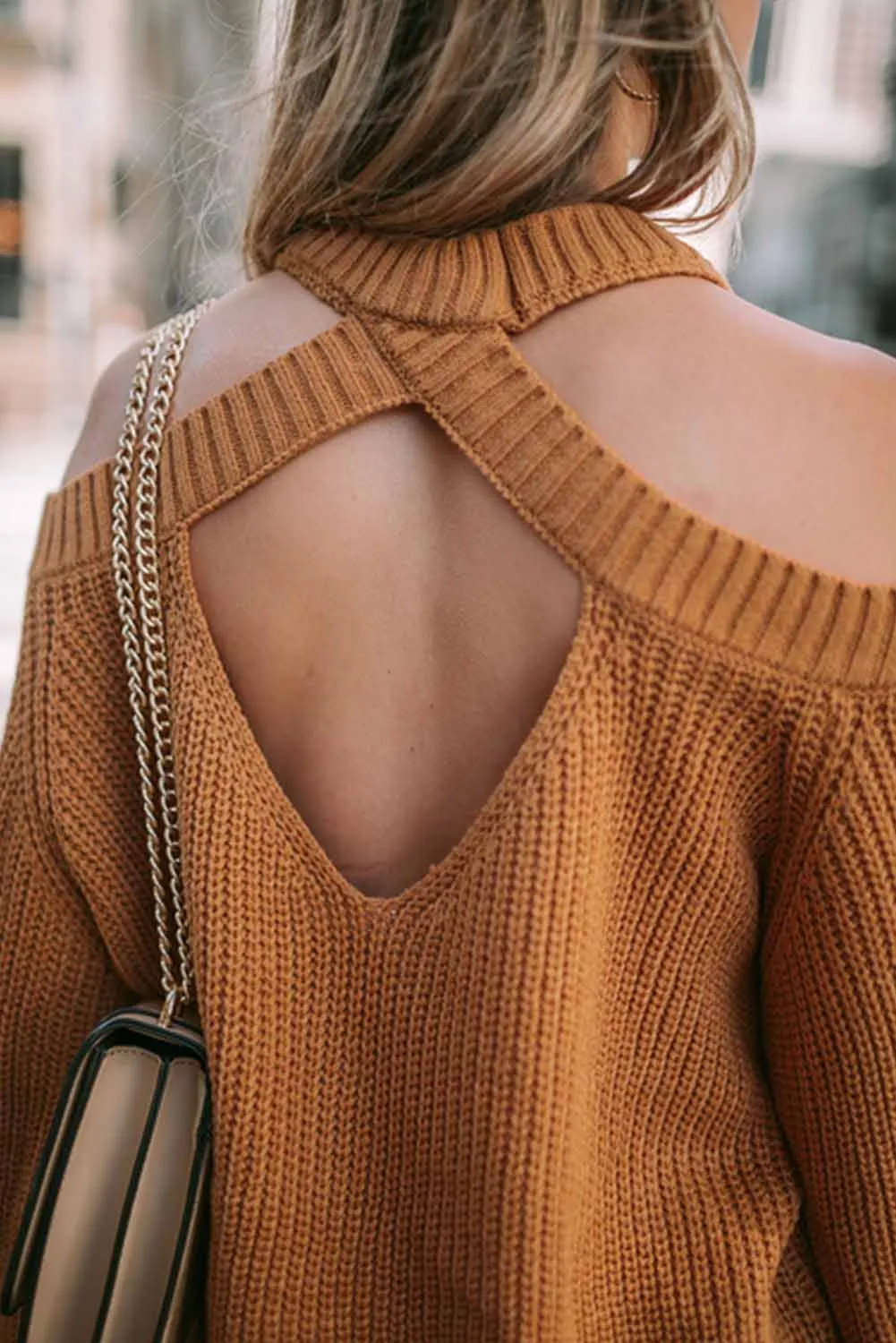 Brown Crew Neck Cold Shoulder Hollow-Out Back Sweater