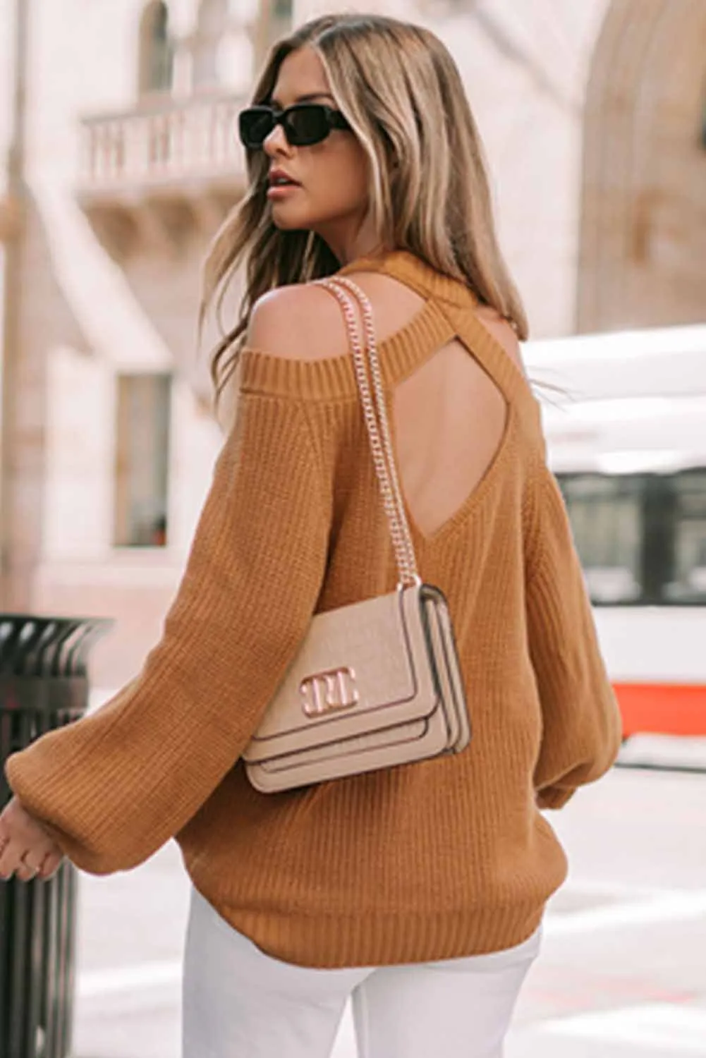 Brown Crew Neck Cold Shoulder Hollow-Out Back Sweater