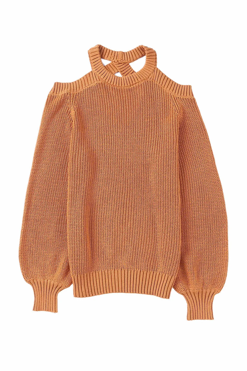 Brown Crew Neck Cold Shoulder Hollow-Out Back Sweater