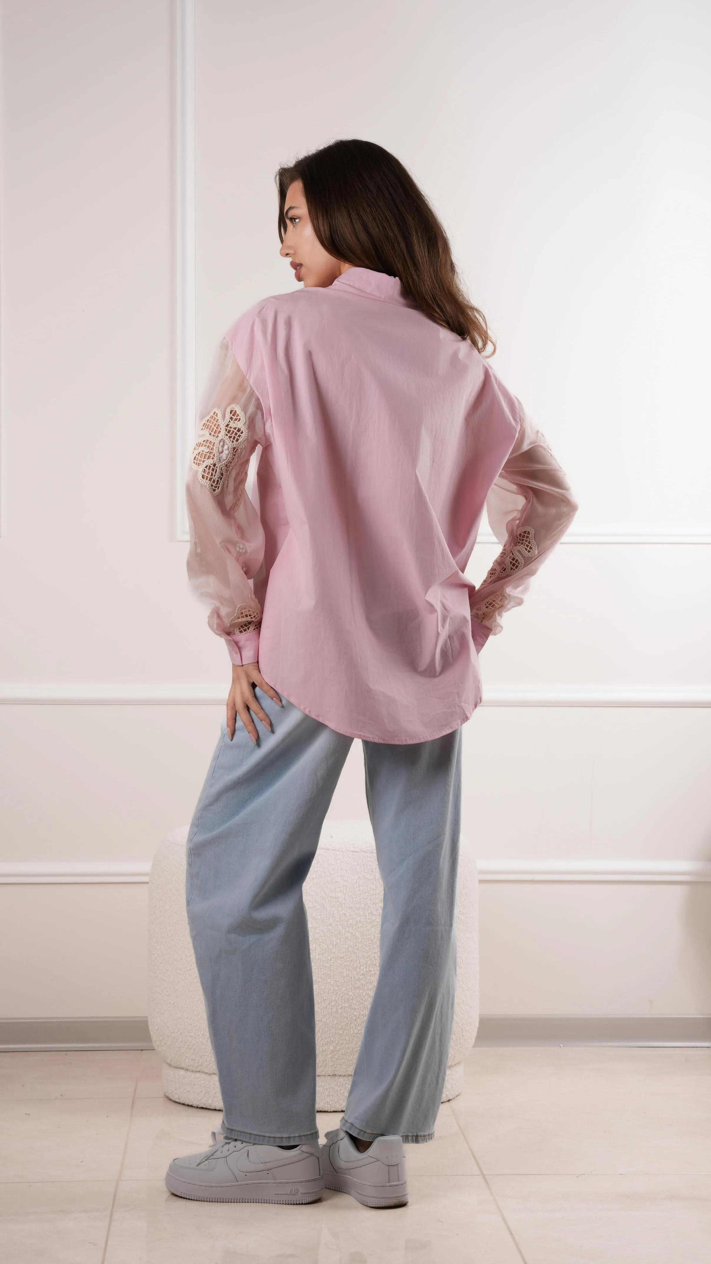 Button-up shirt with lace sleeve details wholesale