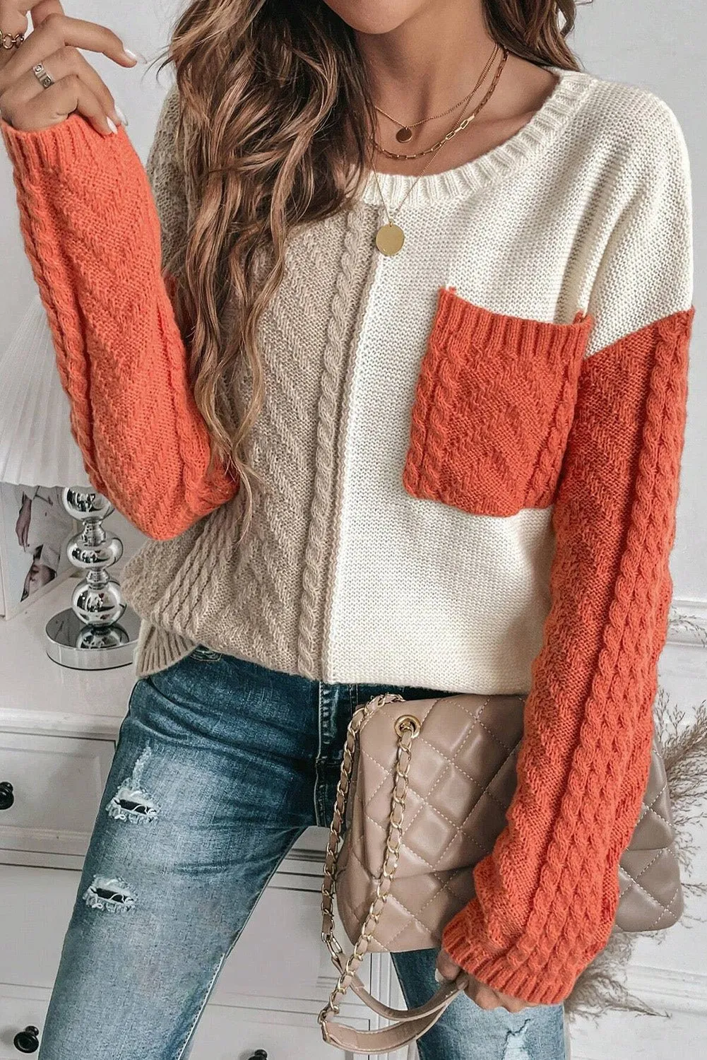 Colorblock Cable Knit Sweater