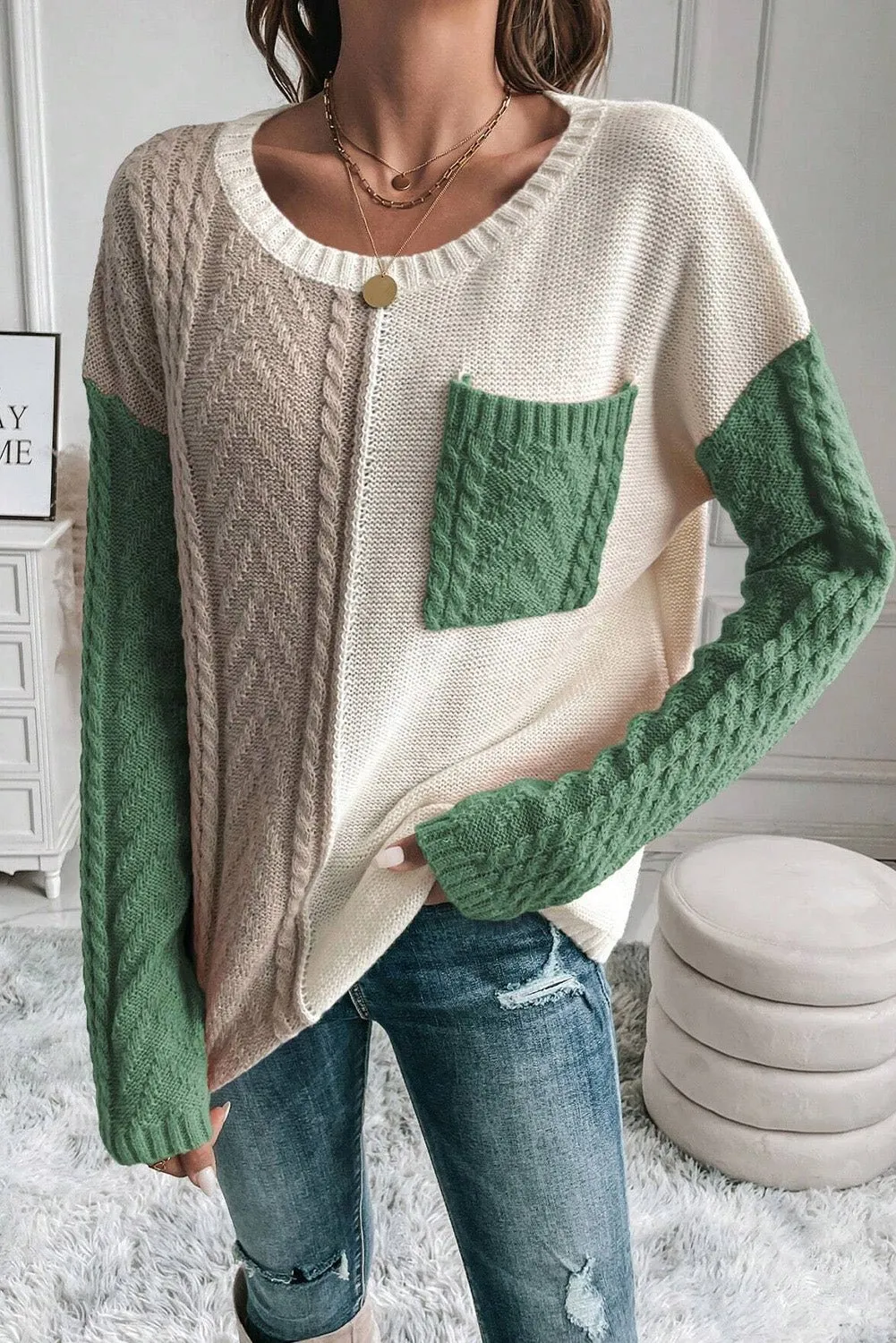 Colorblock Cable Knit Sweater