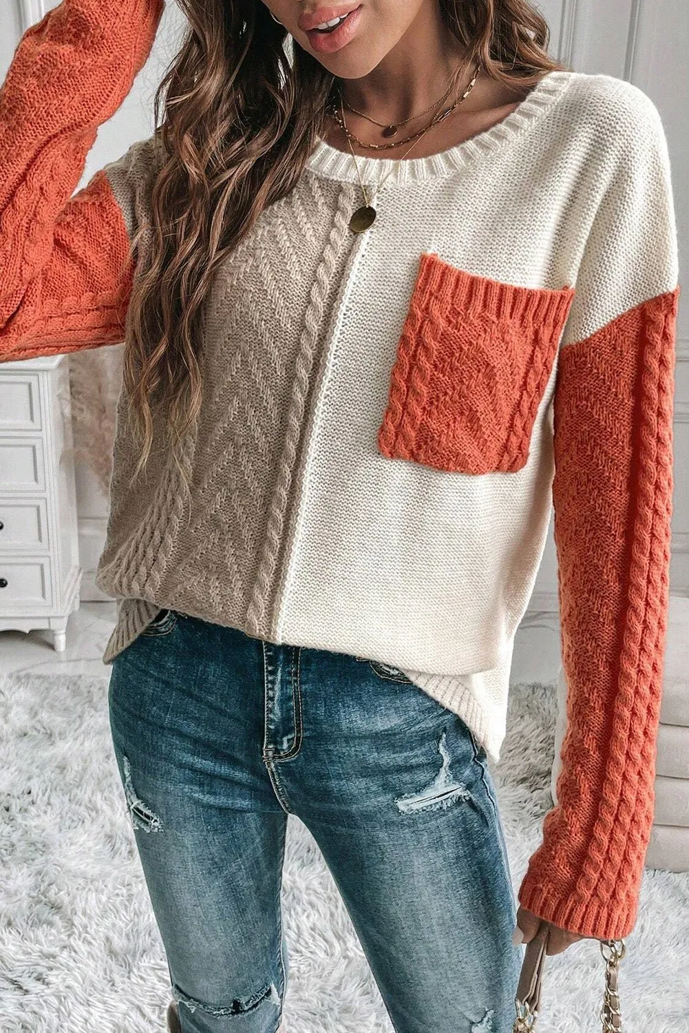 Colorblock Cable Knit Sweater