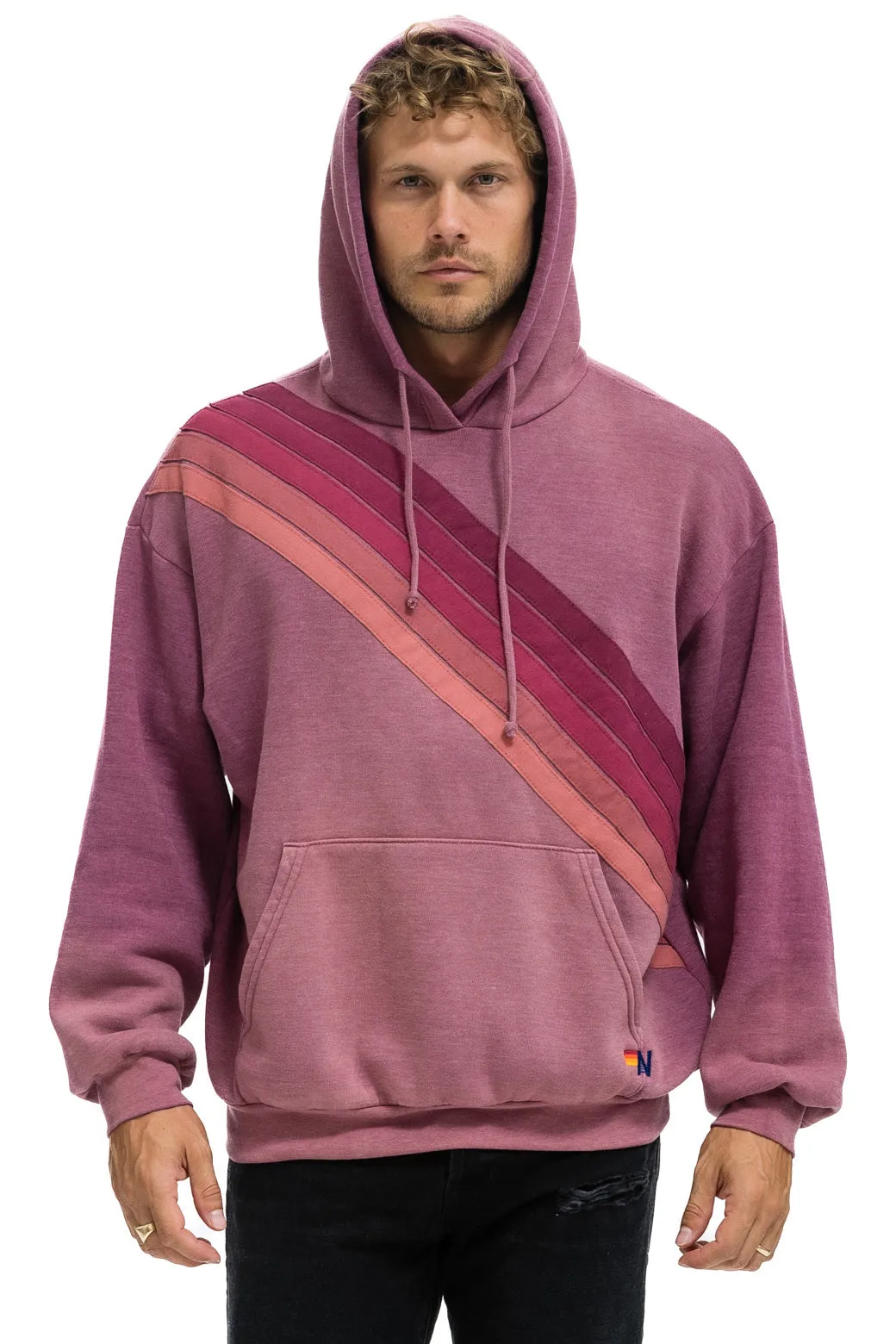 CROSS STRIPE RELAXED PULLOVER HOODIE - FADED BERRY