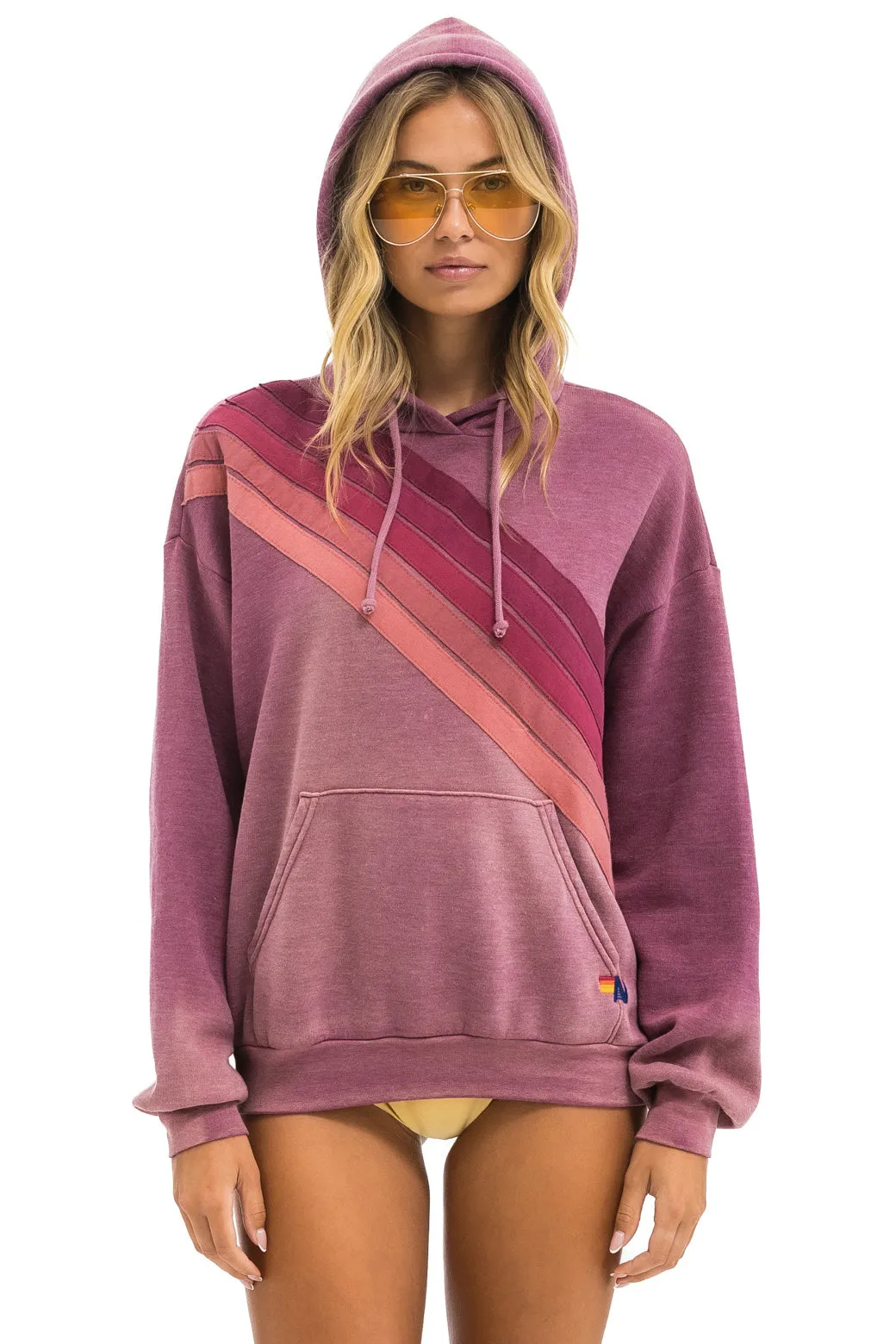 CROSS STRIPE RELAXED PULLOVER HOODIE - FADED BERRY