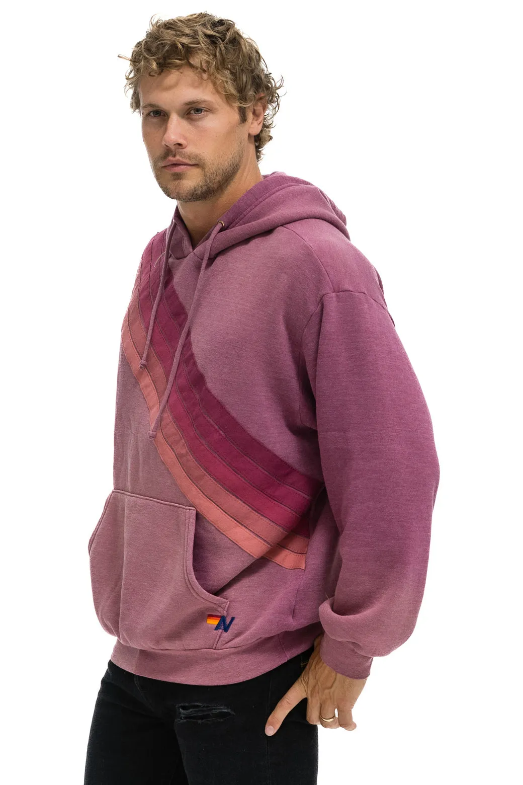 CROSS STRIPE RELAXED PULLOVER HOODIE - FADED BERRY