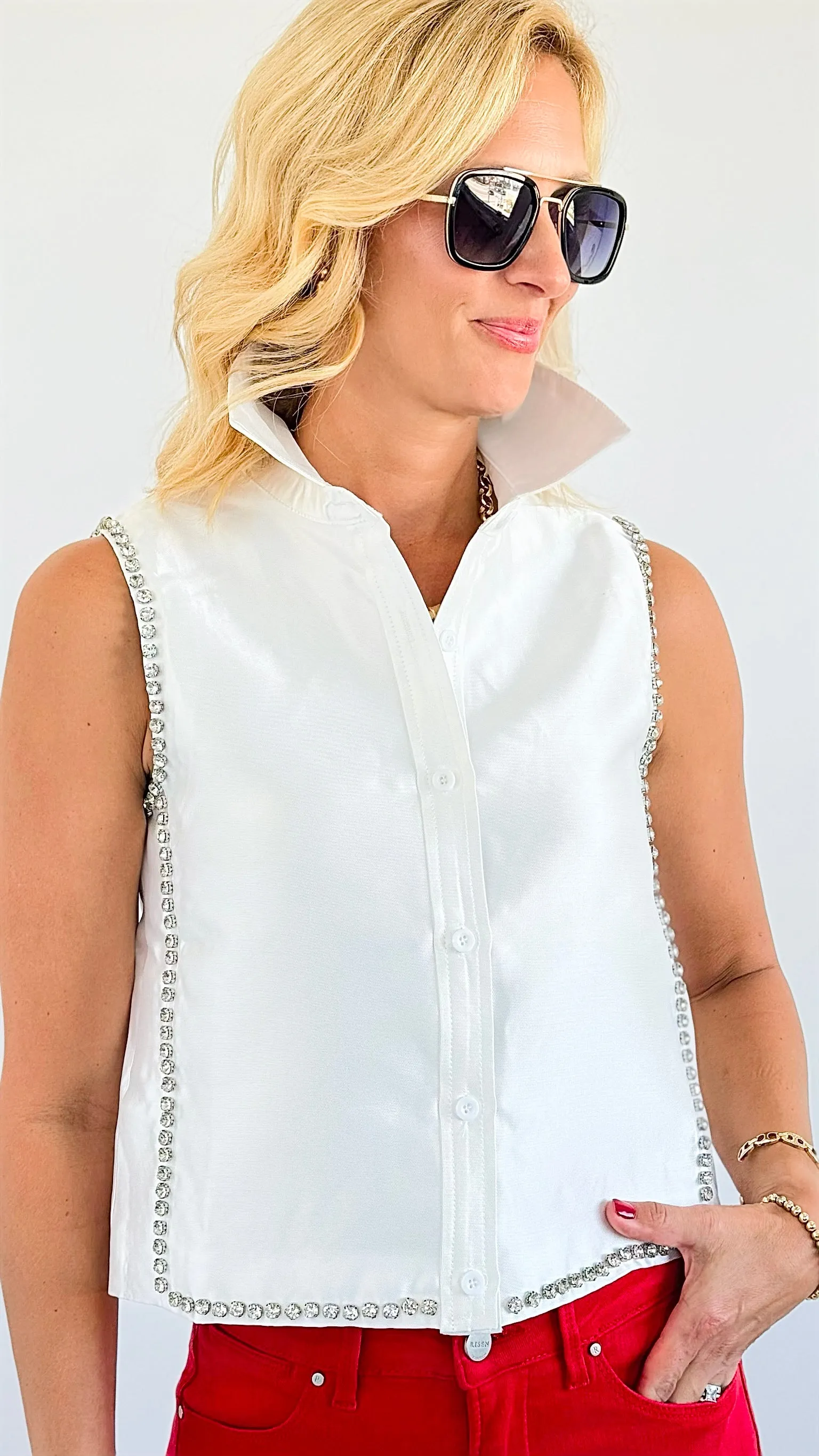 Crystal Edge Satin Button-Up - White