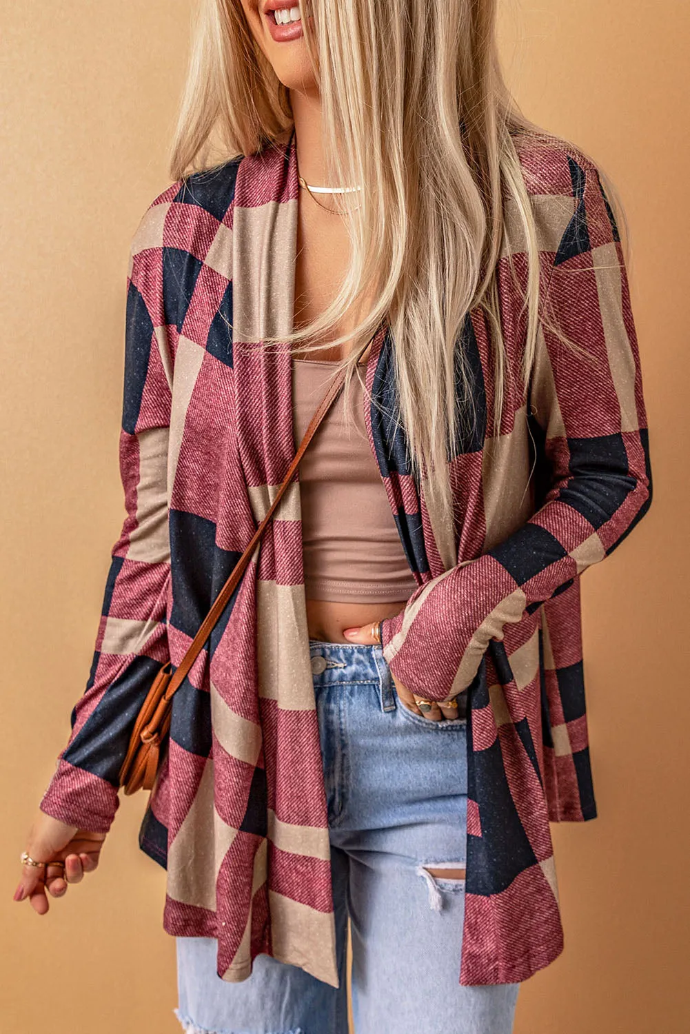 Draped Open Front Plaid Cardigan