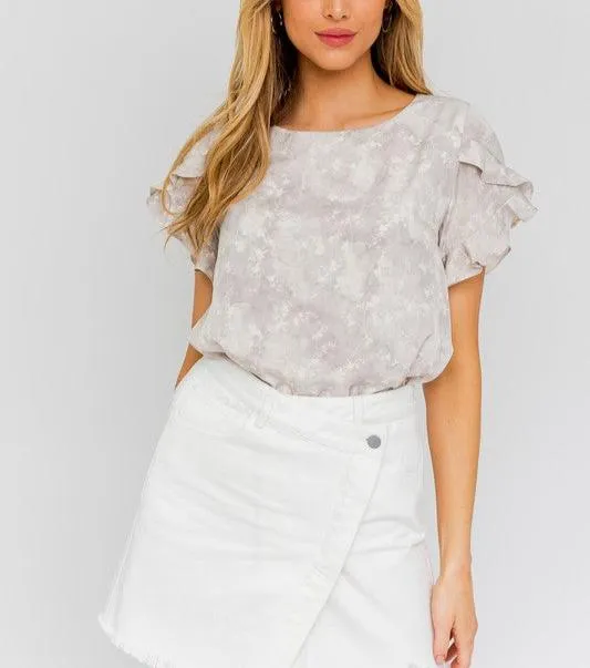 Elegant Floral Print Ruffle Sleeve Blouse