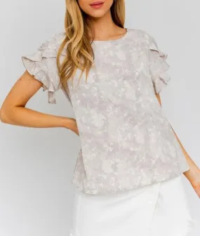 Elegant Floral Print Ruffle Sleeve Blouse