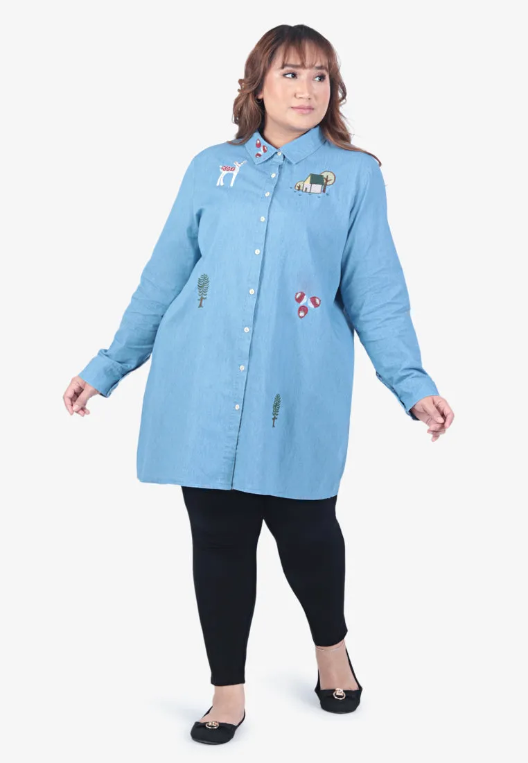 Eloise Quirky Embroidery Denim Shirt - Light Blue