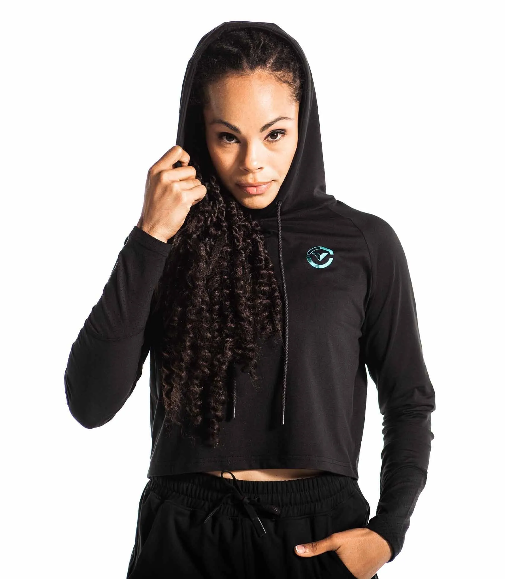 EVERLAND CROP HOODIE - BLACK/NEON TEAL