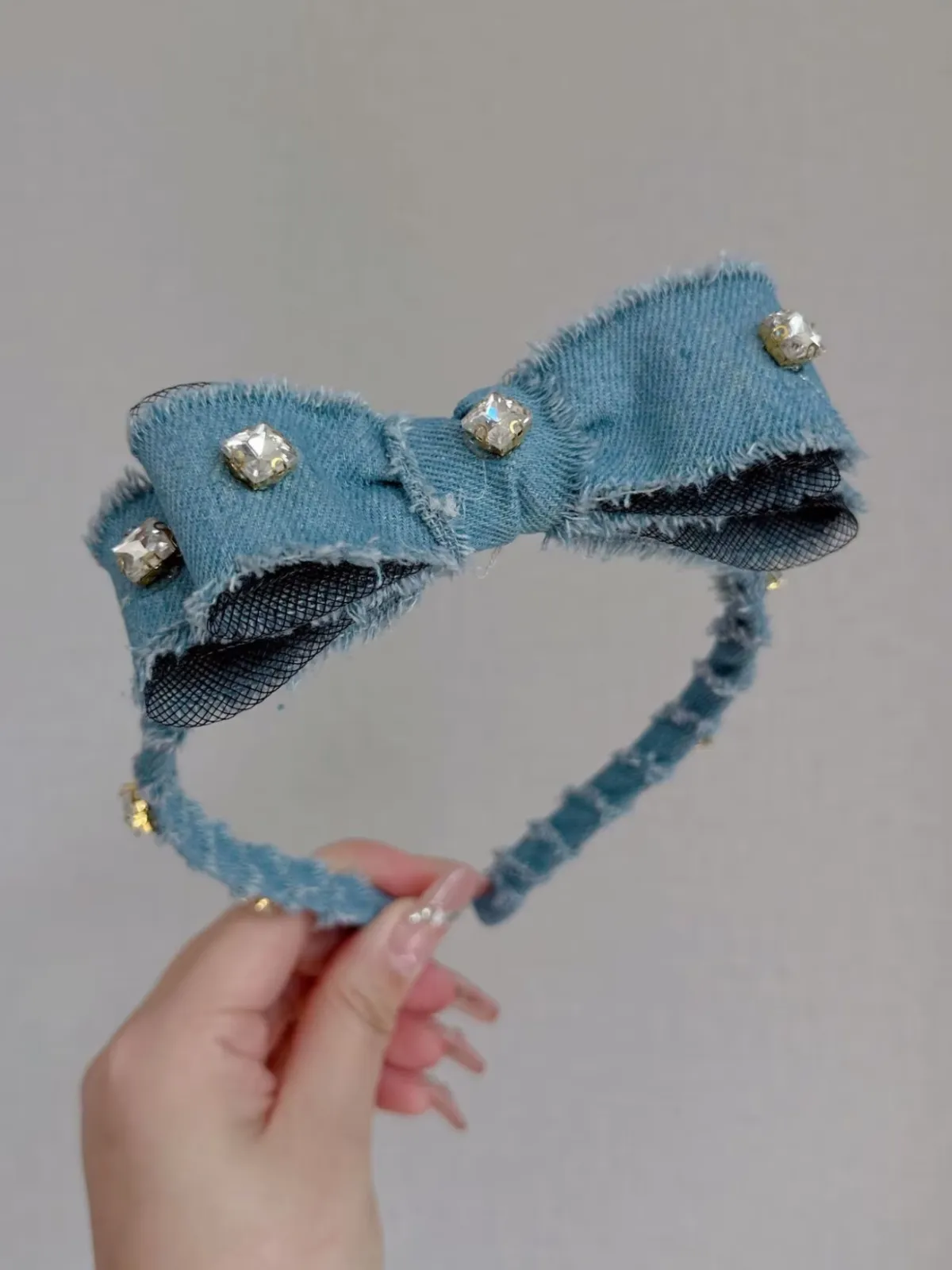 Festive Denim Diamond-Embedded Bow Headband