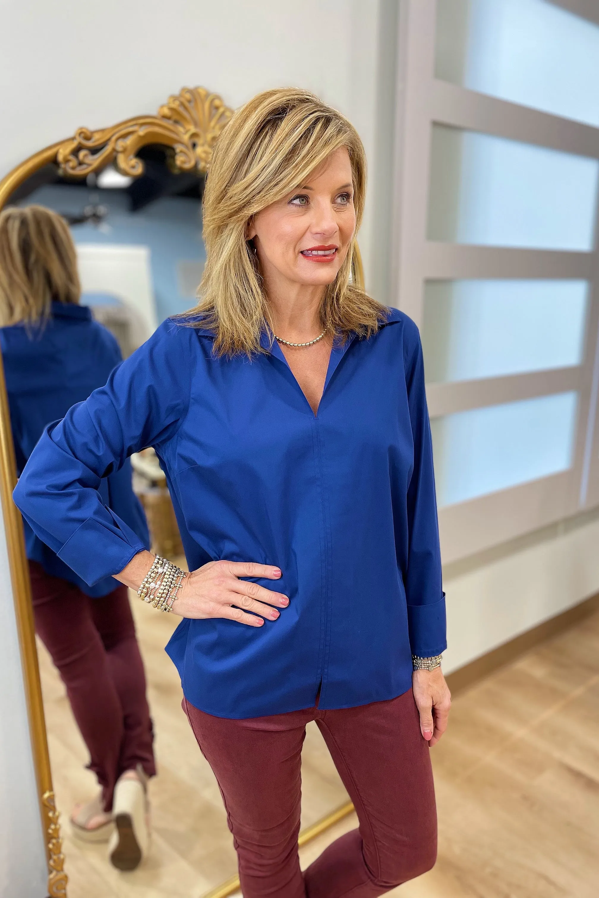 Foxcroft Agnes LS Stretch Shirt Pacific Blue