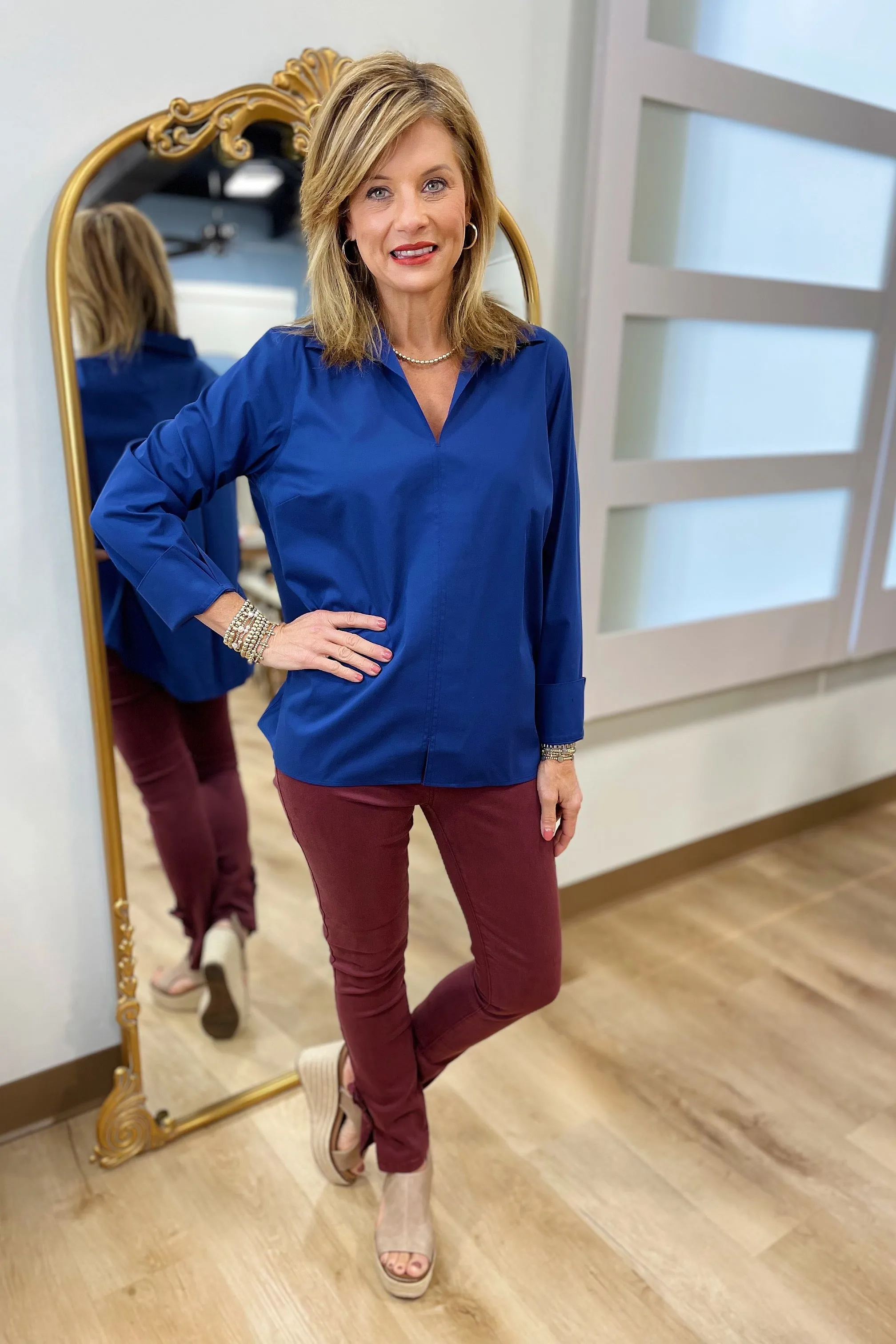 Foxcroft Agnes LS Stretch Shirt Pacific Blue