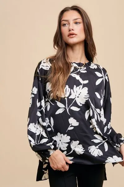 Frill Printed Balloon Sleeve Blouse