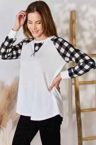 Full Size Plaid Raglan Sleeve Round Neck Blouse