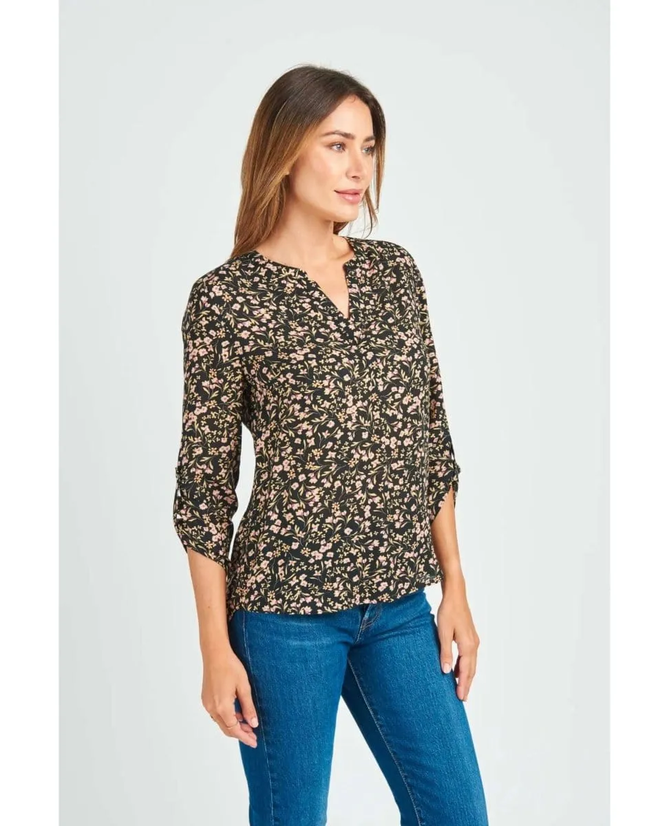 Gabriella 3/4 Roll-Tab Sleeve Blouse Black Combo