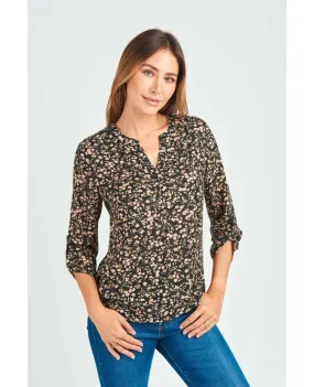 Gabriella 3/4 Roll-Tab Sleeve Blouse Black Combo