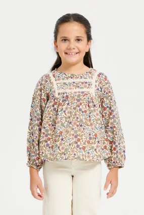 Girls Beige Floral Print Blouse