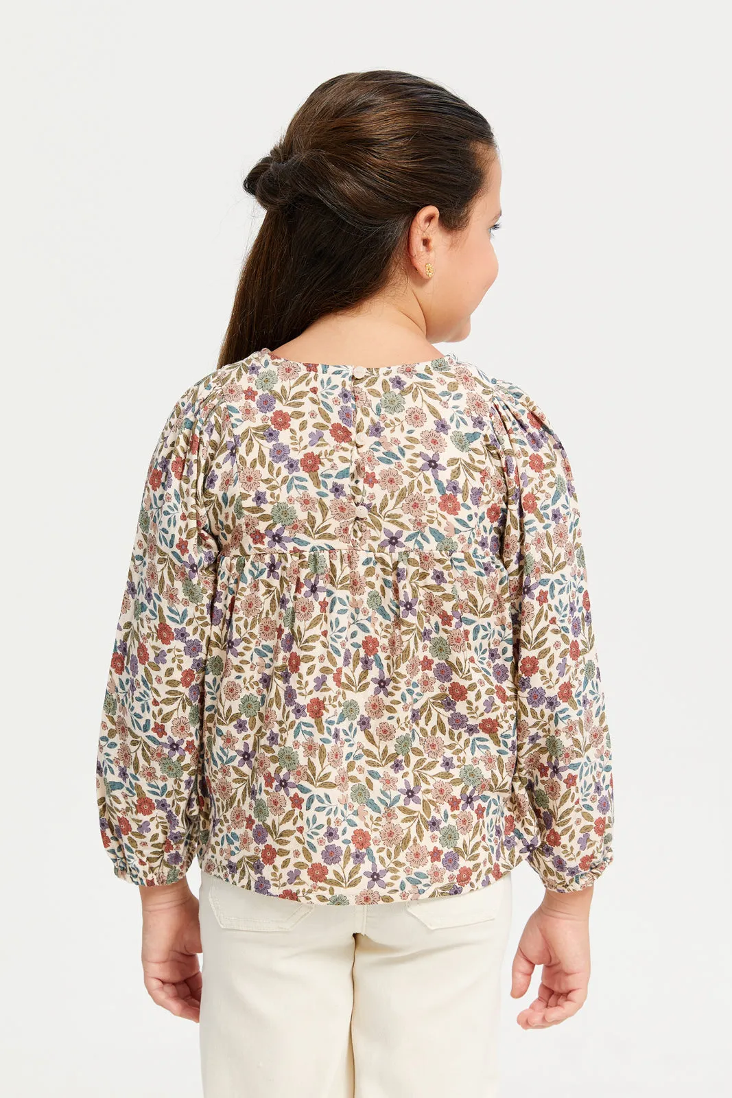 Girls Beige Floral Print Blouse