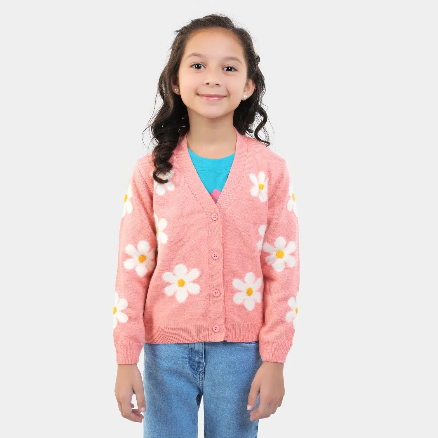 Girls Knitted Sweater Flower -Pink