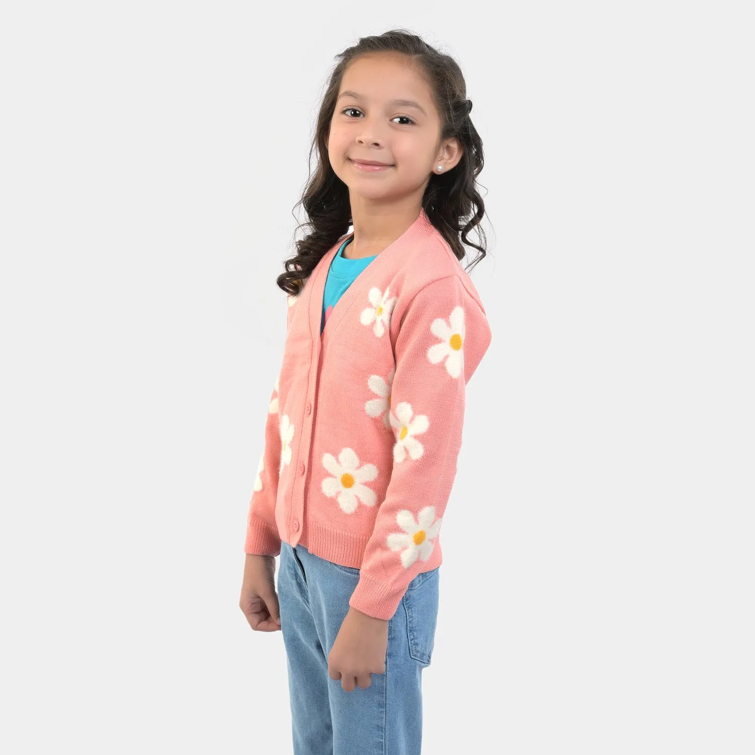 Girls Knitted Sweater Flower -Pink