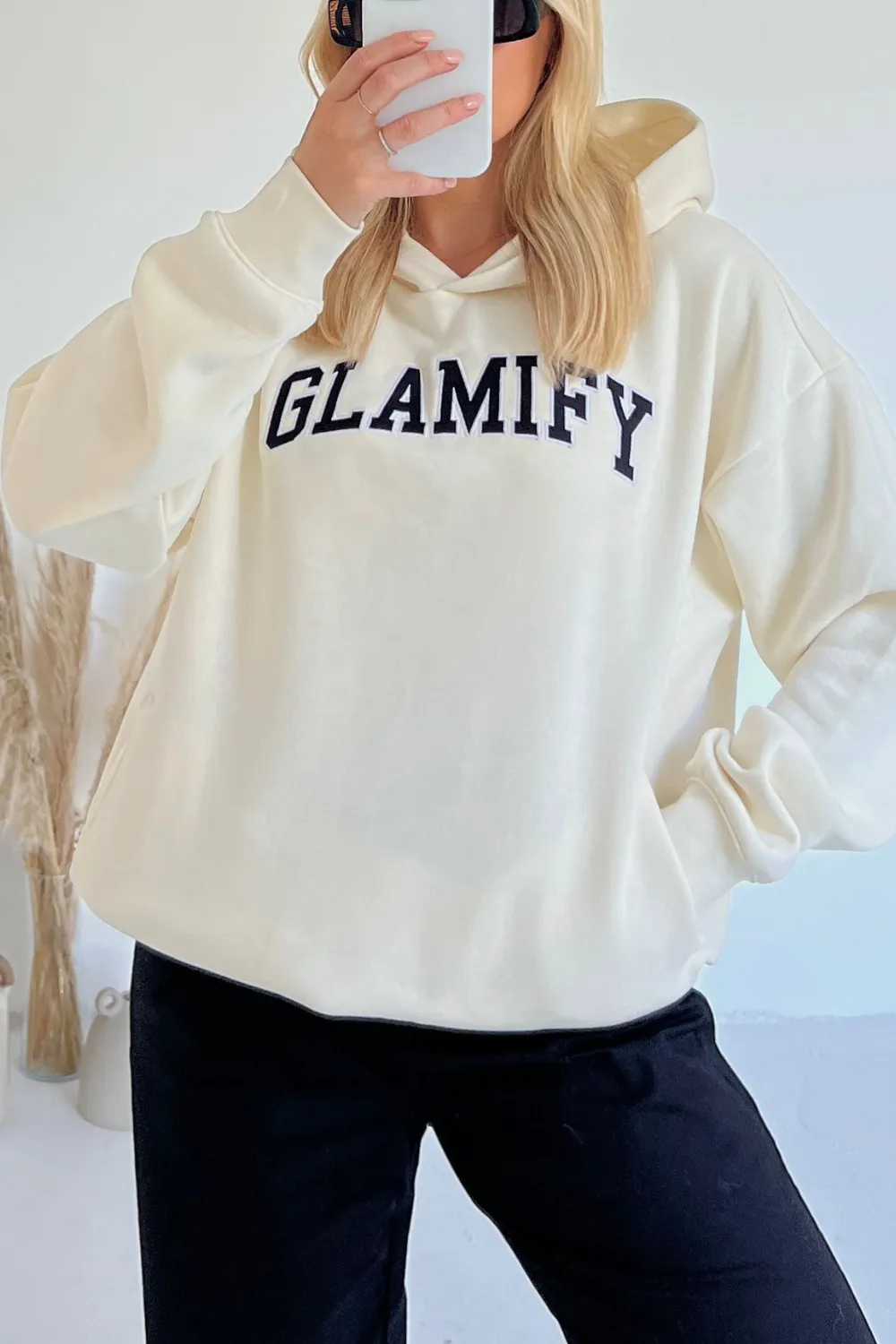 Glamify ecru embroidered  relaxed hoodie