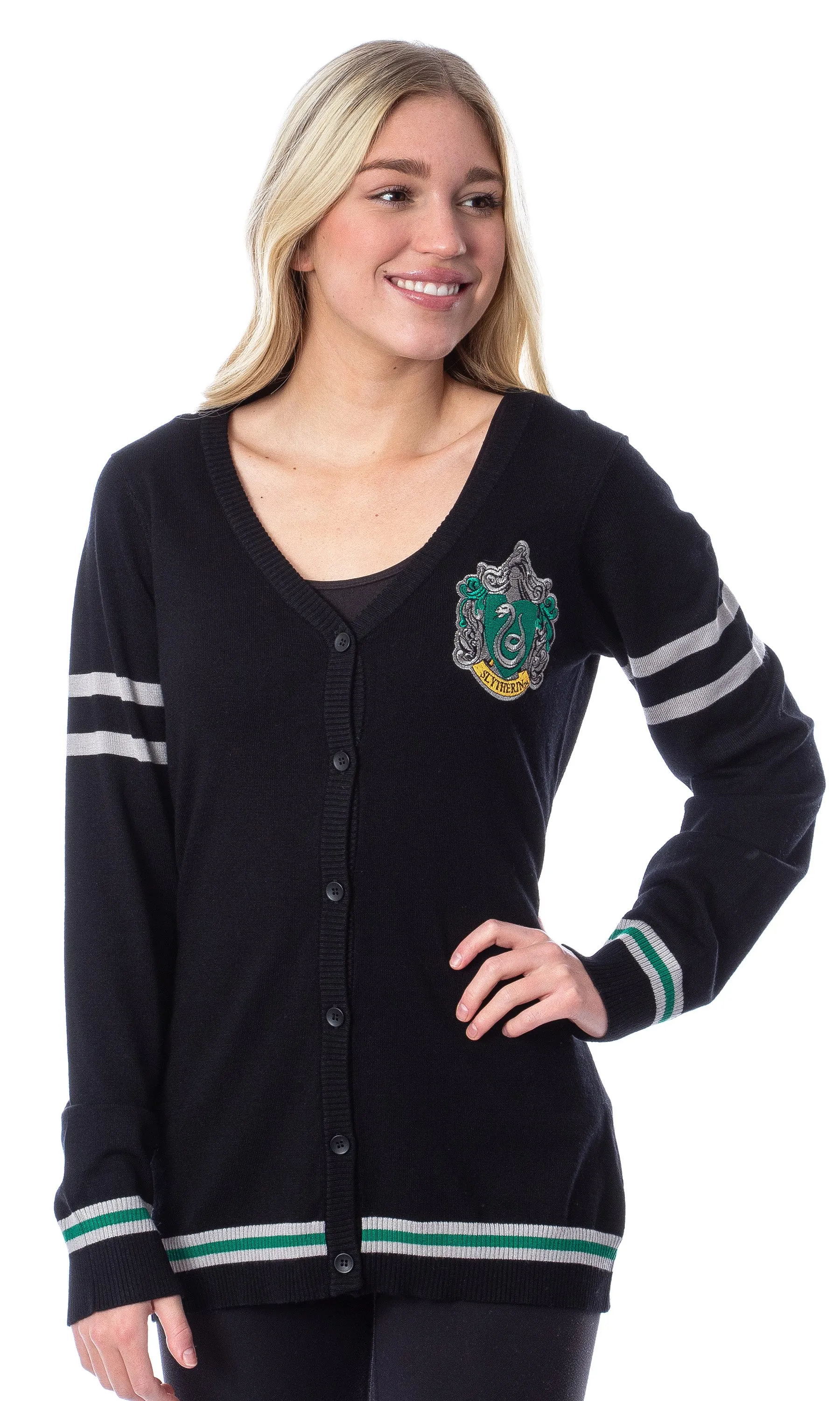 Harry Potter Womens' Slytherin House Open Front Cardigan Juniors Knit Sweater