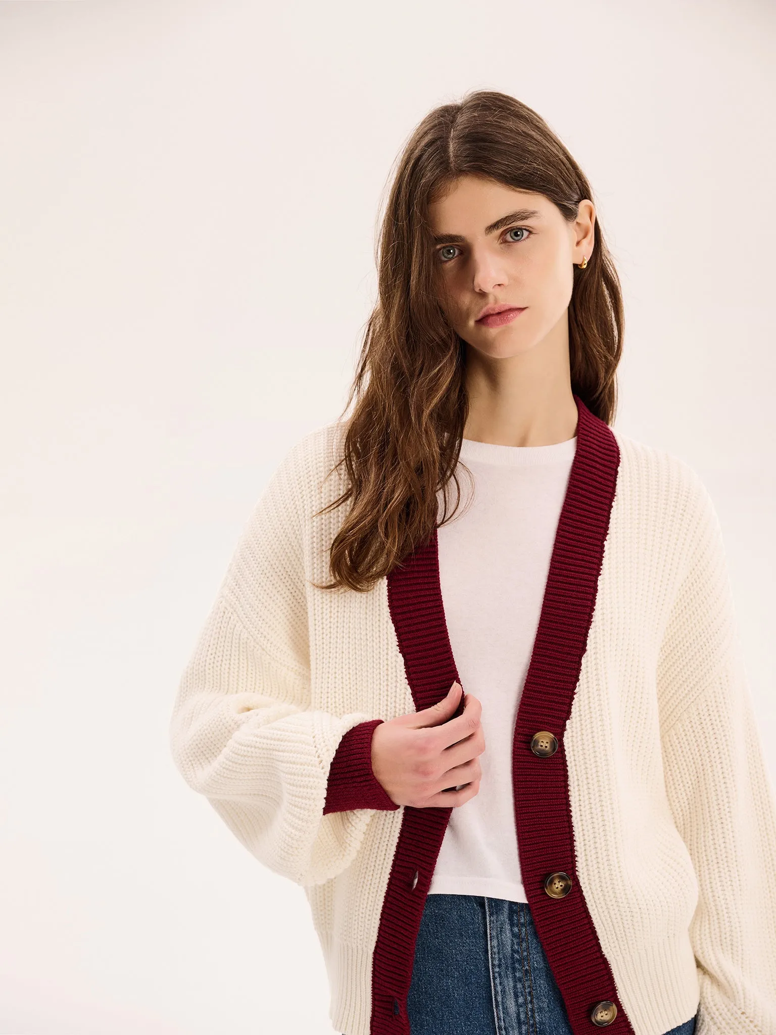 Hopper Cotton Cardigan in Cream/Burgundy