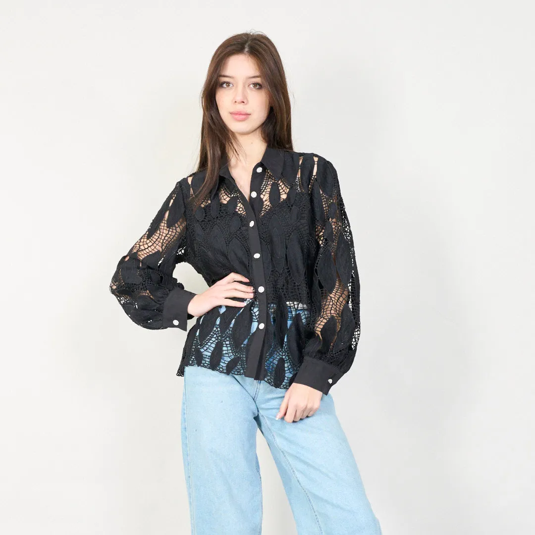 Leaf-pattern lace blouse with button-up closure wholesale