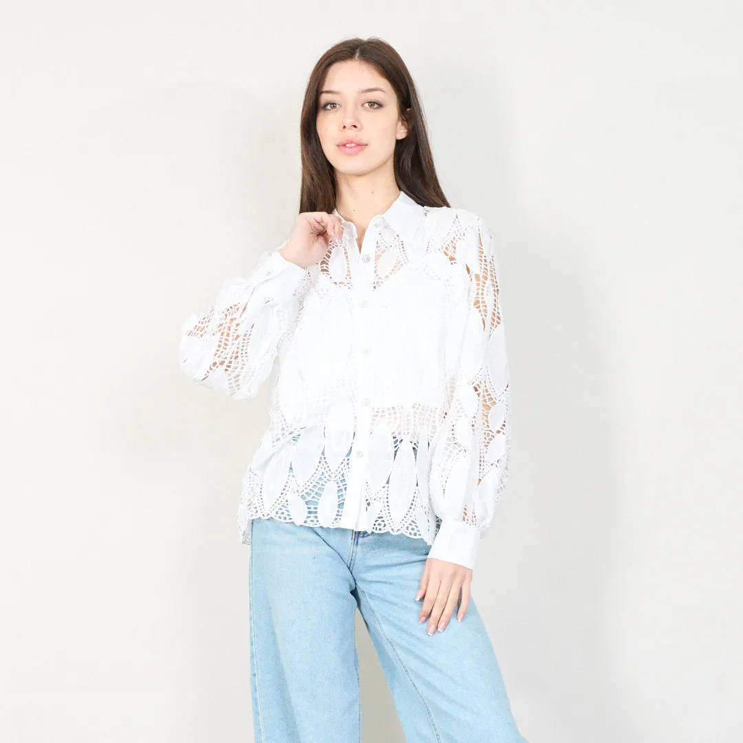 Leaf-pattern lace blouse with button-up closure wholesale