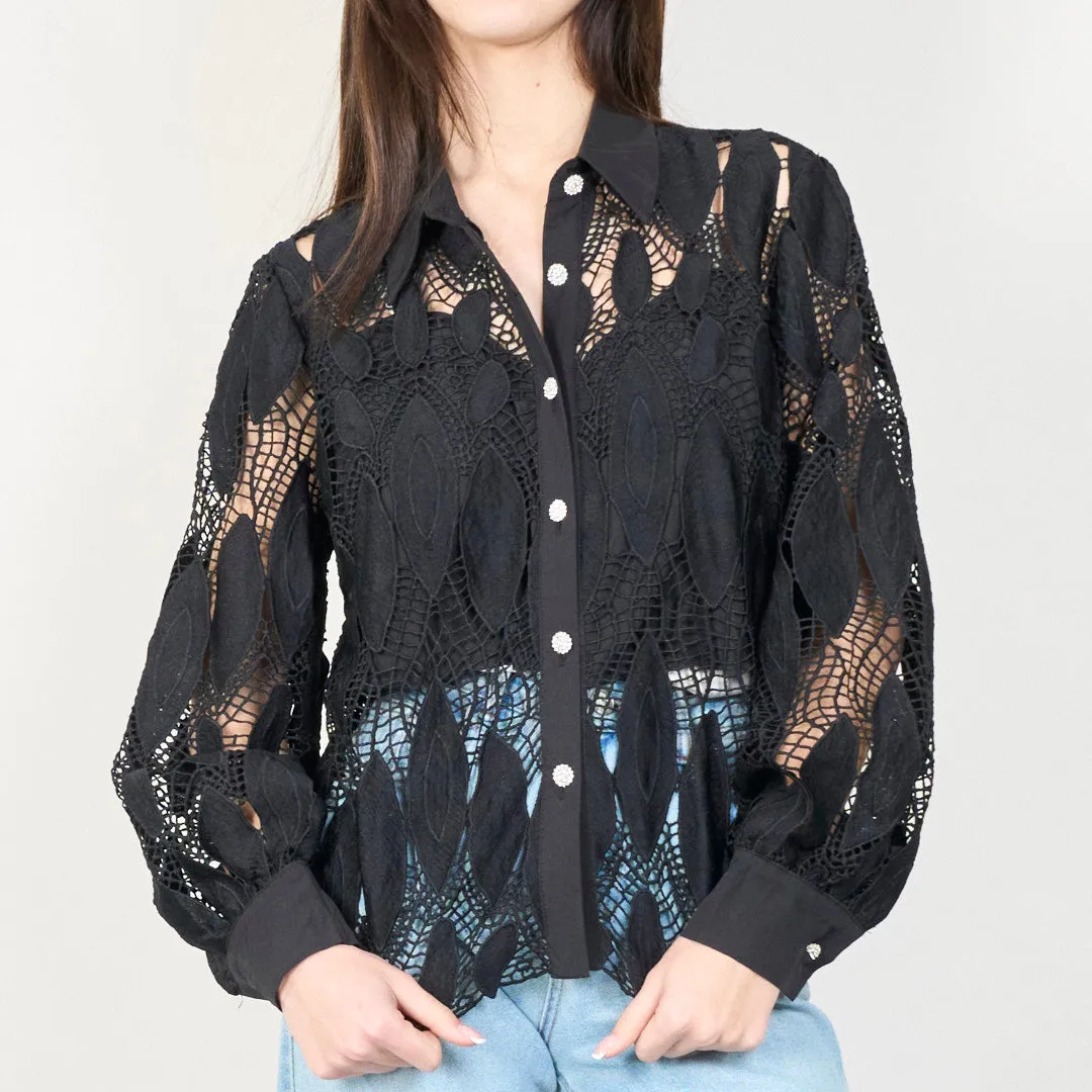 Leaf-pattern lace blouse with button-up closure wholesale