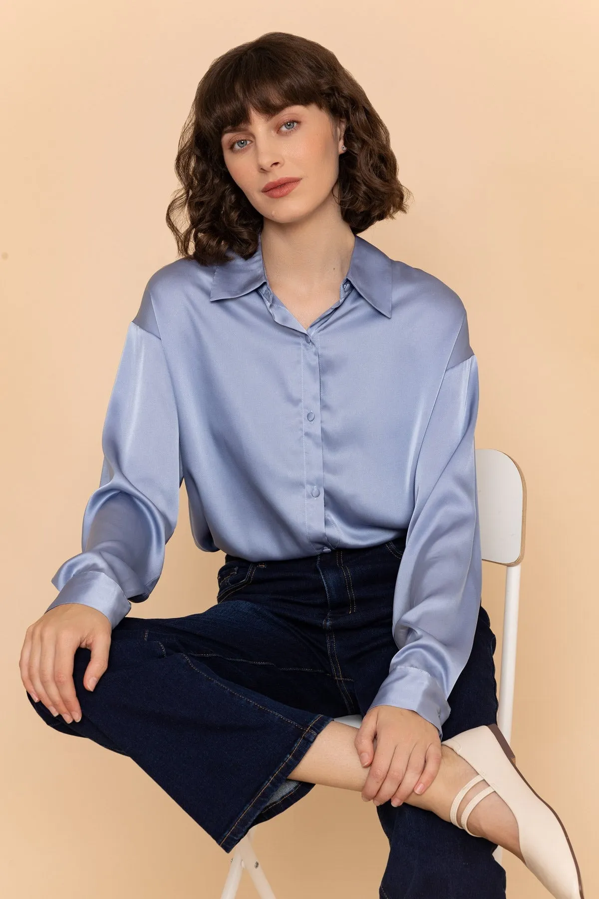 Long Sleeve Satin Oversized Blouse in Light Blue