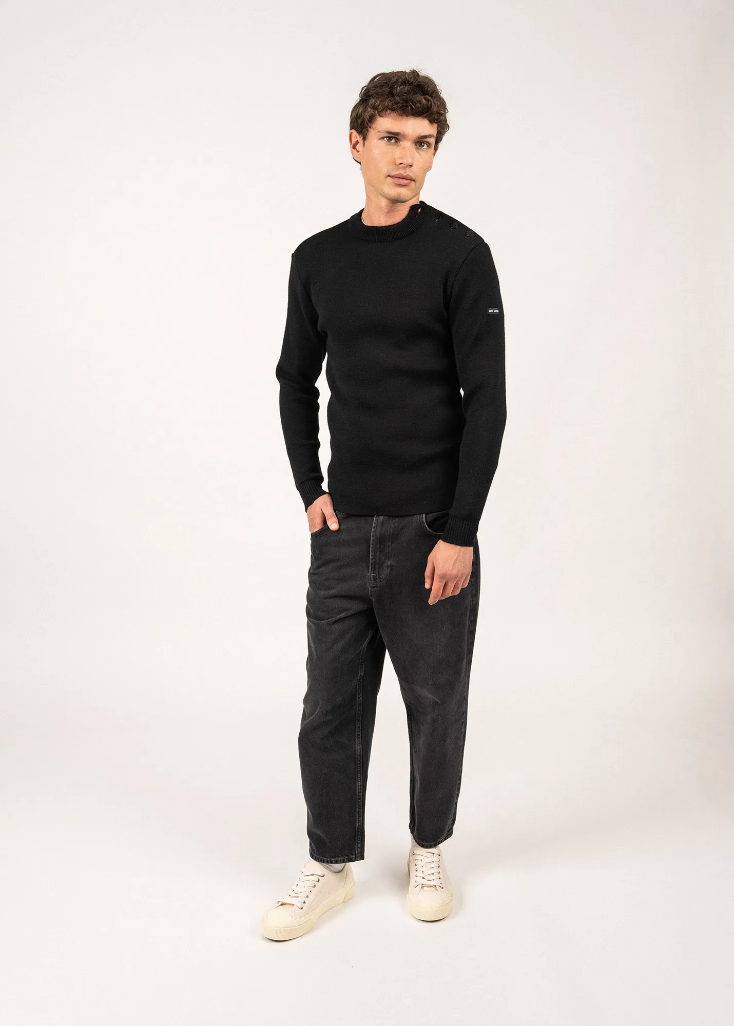 MATELOT - Wool Fisherman Sweater with Button Shoulder | Slim Fit (BLACK)