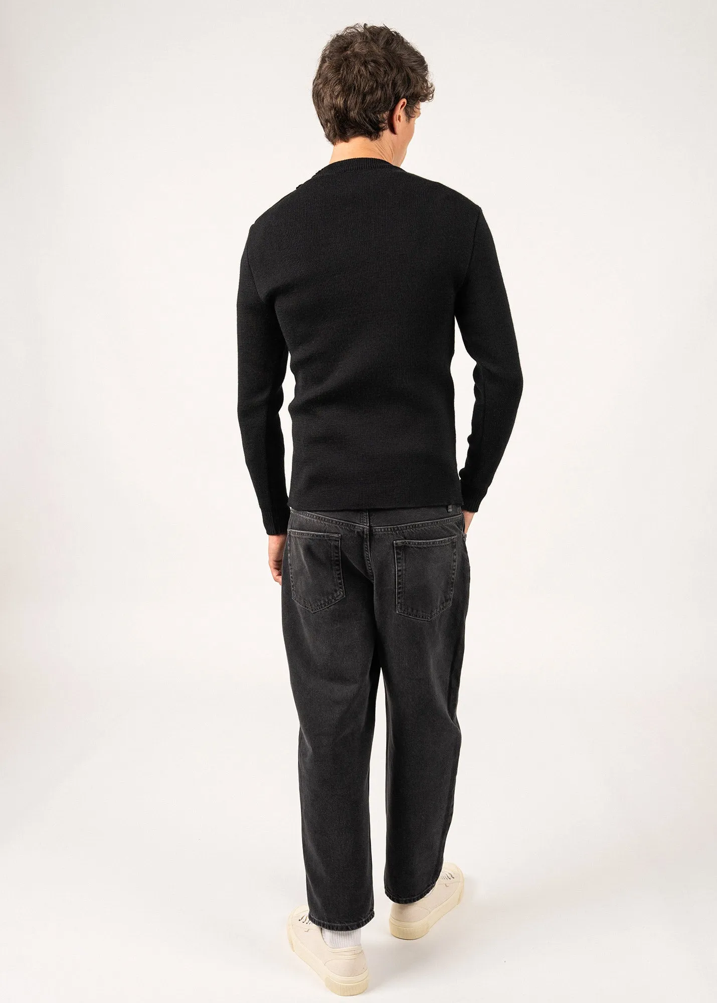 MATELOT - Wool Fisherman Sweater with Button Shoulder | Slim Fit (BLACK)