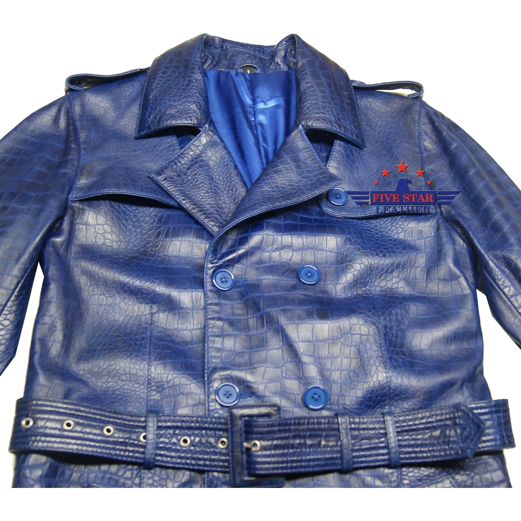 Men Real Real Hide Leather Embossed Jacket Coat Royal Blue