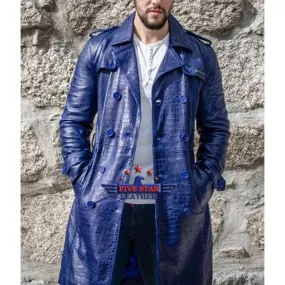 Men Real Real Hide Leather Embossed Jacket Coat Royal Blue