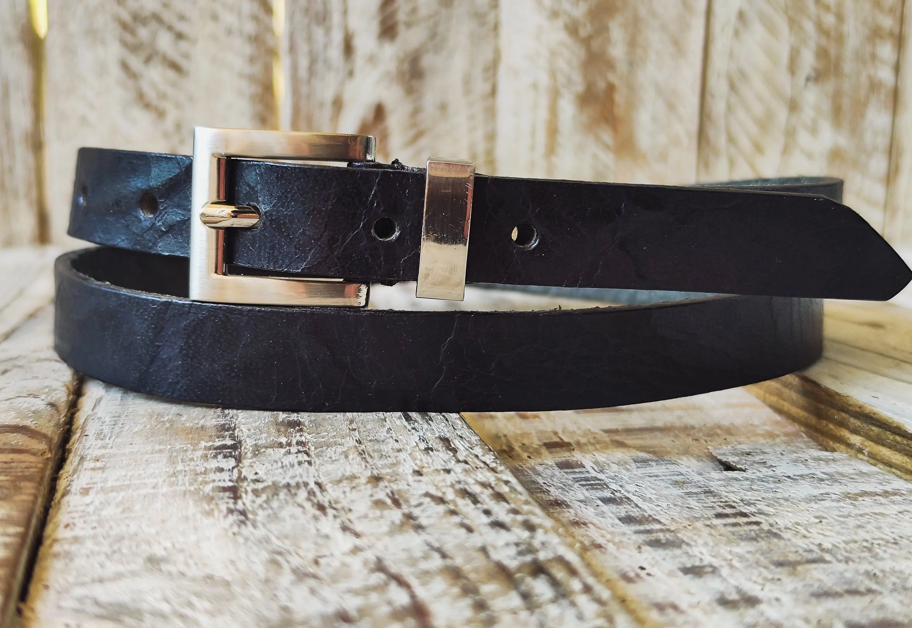 Minimalist Black Leather Belt with Silver Buckle for Men