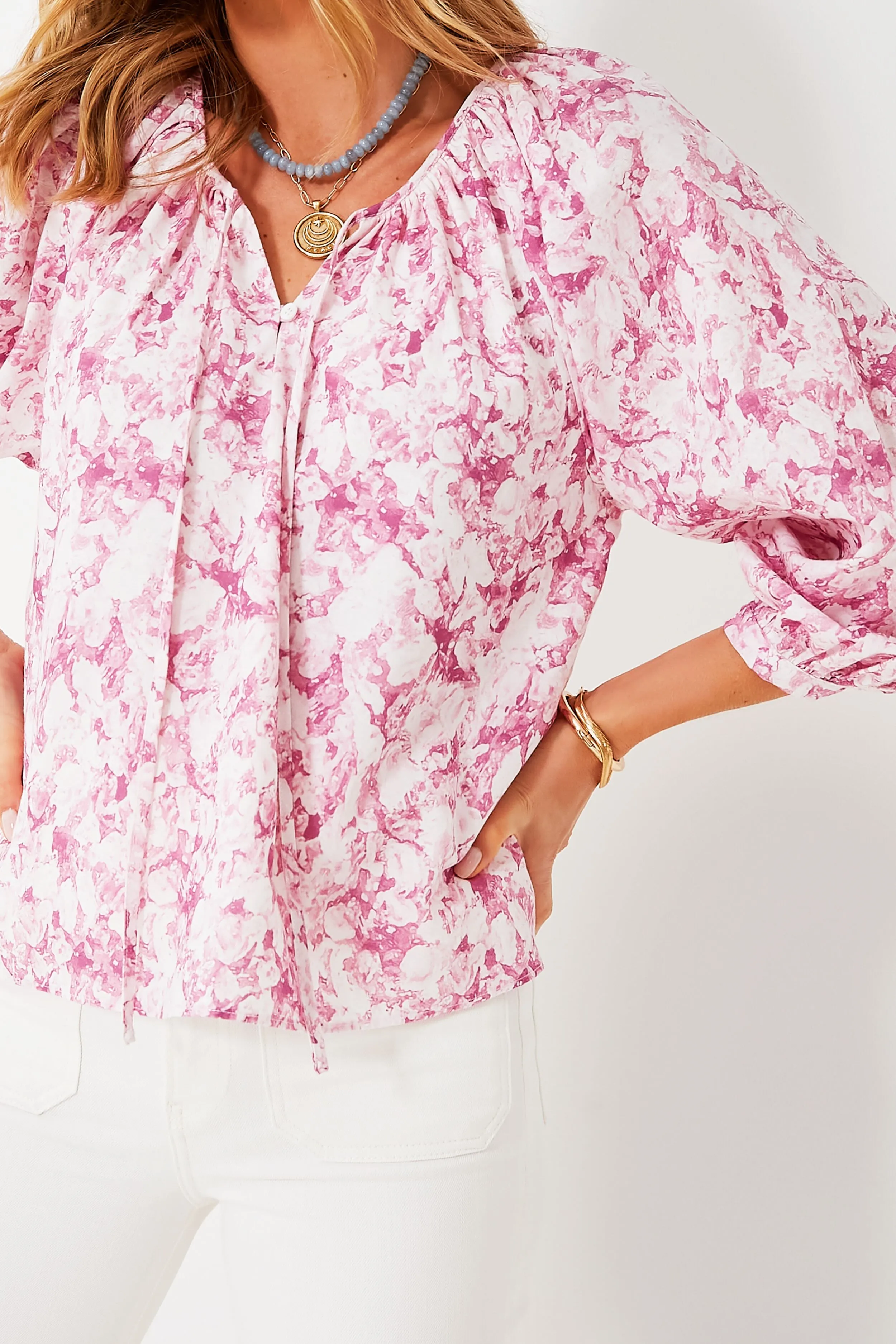 Pink Abstract Floral Maisie Tie Blouse